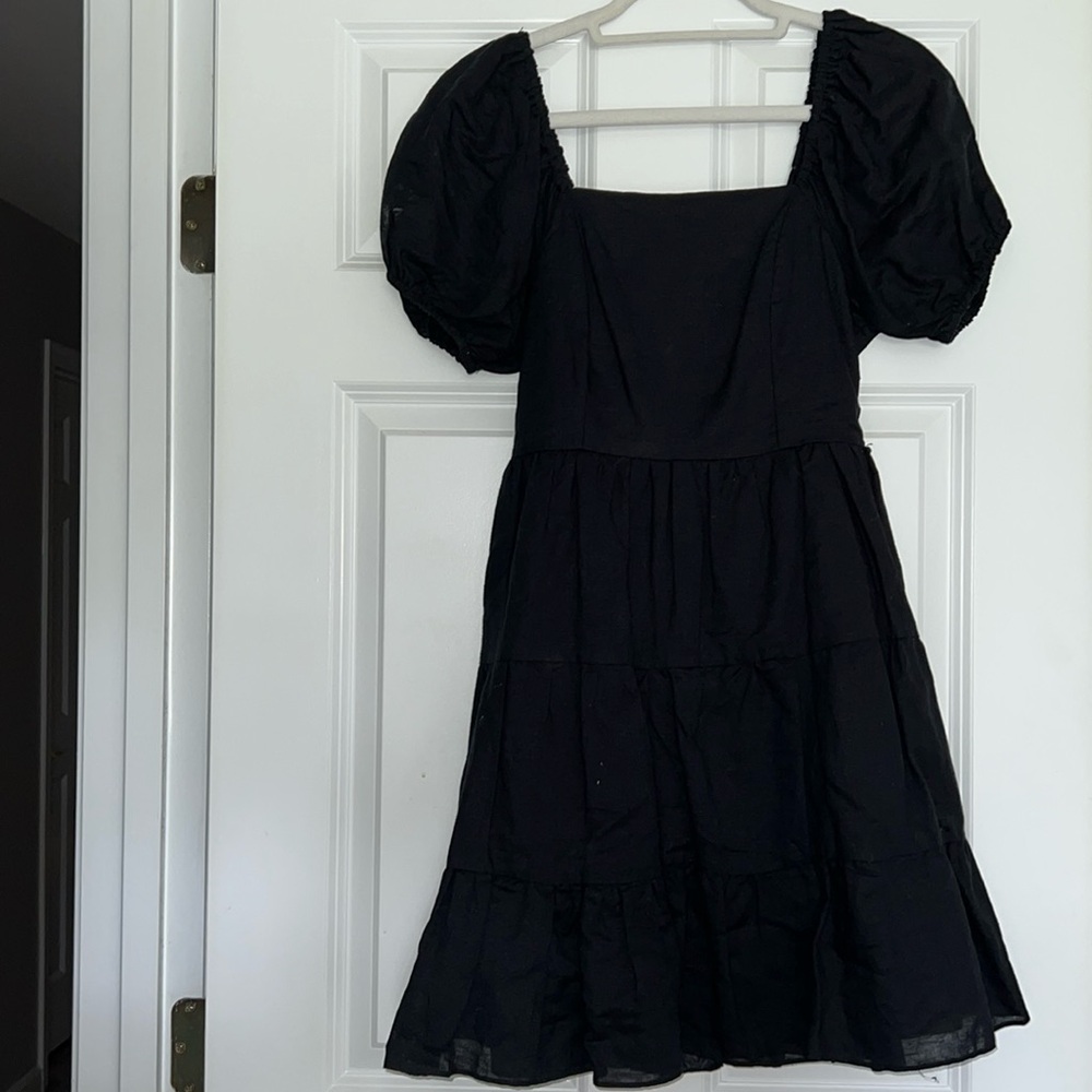 Black cotton babydoll dress,  puff sleeves, open back w/tie, fully lined, size S